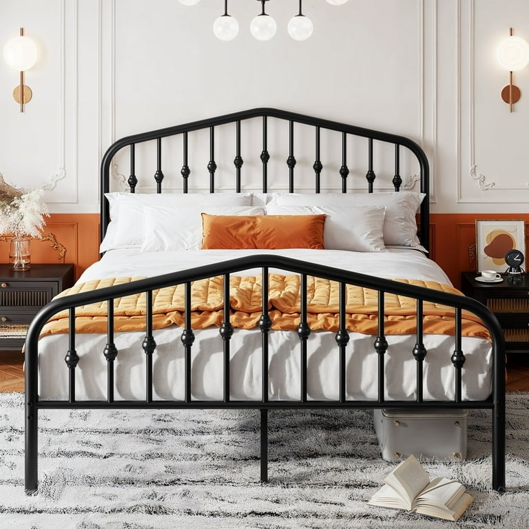 Victorian Black Iron Bed Arched Spindle Headboard Matte Finish