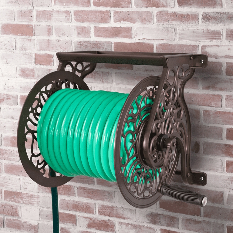 Victorian Bronze Hose Reel: Textured Grip, Top Shelf Garden Storage