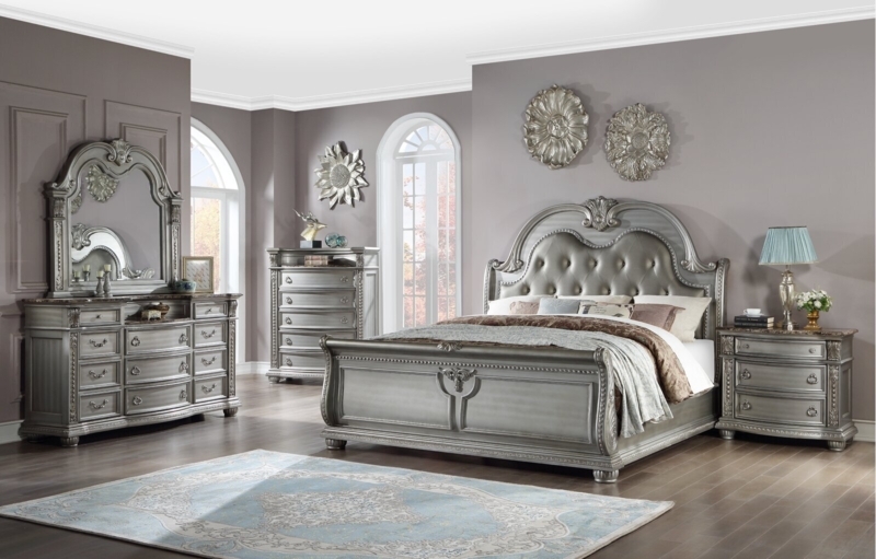 Victorian Glam Bedroom Suite: Antique Silver Finish & Tufted Headboard
