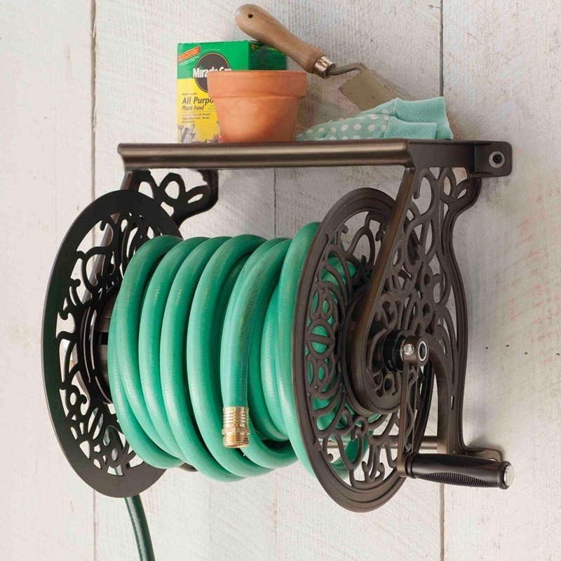 Victorian Inspired Hose Reel: Dark Bronze Wall Mount with Top Shelf