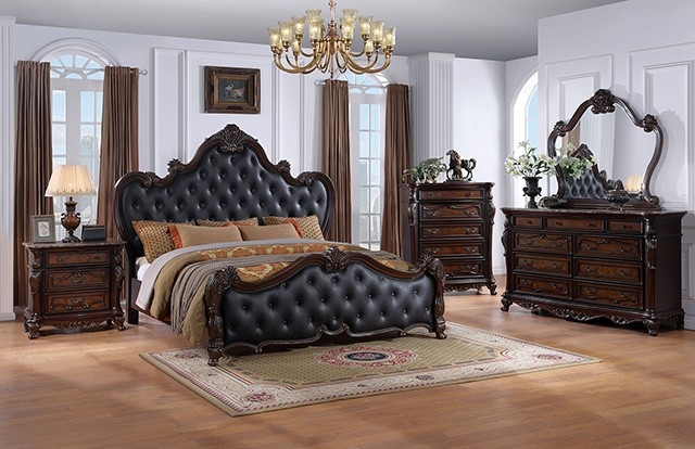 Victorian Style Queen Bedroom Set in Dark Cherry with Ornate Carving