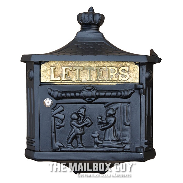 Victorian Wall Mounted Mailbox Crown Finial Figurative Relief Scene Black