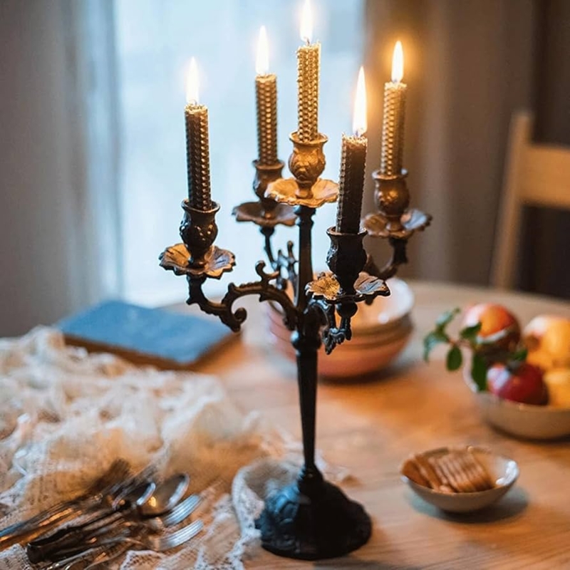 Vintage Black Cast Iron Candelabra with 5 Ornate Scrolling Arms