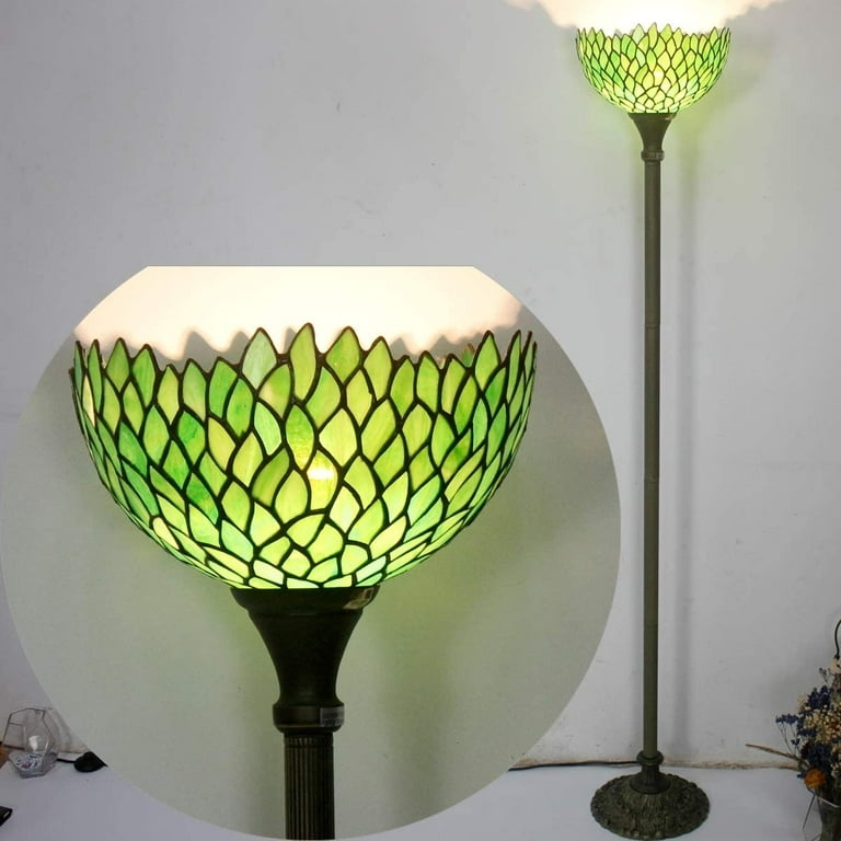 Vintage Boho Torchiere Floor Lamp, Green Stained Glass Leaf Mosaic Shade