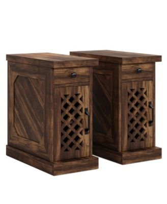 Vintage Brown End Table Set with Lattice Doors