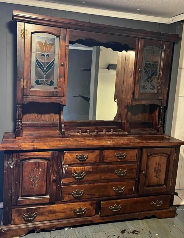 Vintage Buffet Hutch with Stained Glass Panels and Central Mirror