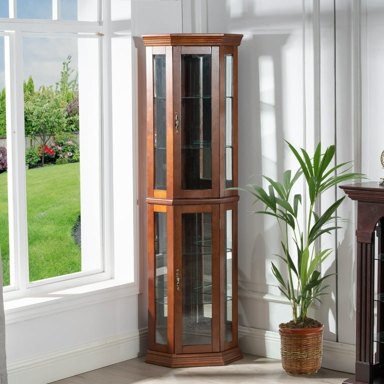 Vintage Corner Curio Cabinet with Glass Doors and Brass Hardware