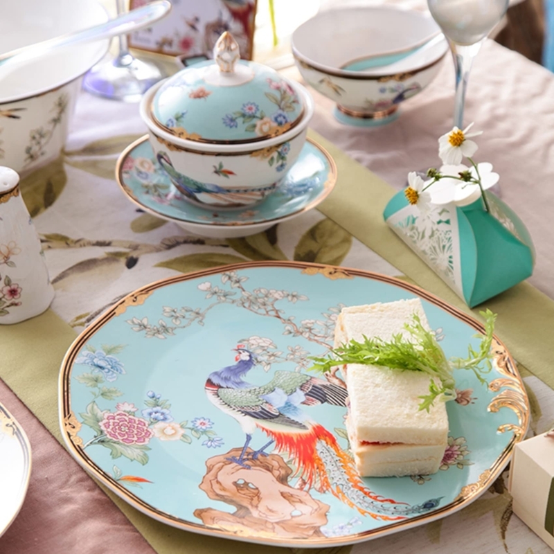 Vintage Floral Dinnerware Set with Pheasant & Lidded China Cups