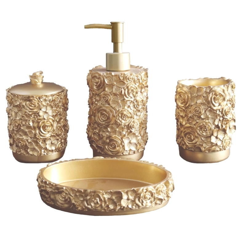 Vintage Glam Bath Set Metallic Gold Rose Relief Floral Pattern
