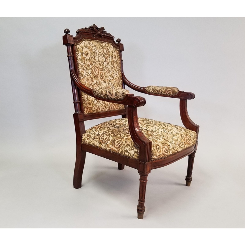 Vintage Pair of Armchairs: Louis XVI Floral Brocade Carved Crest