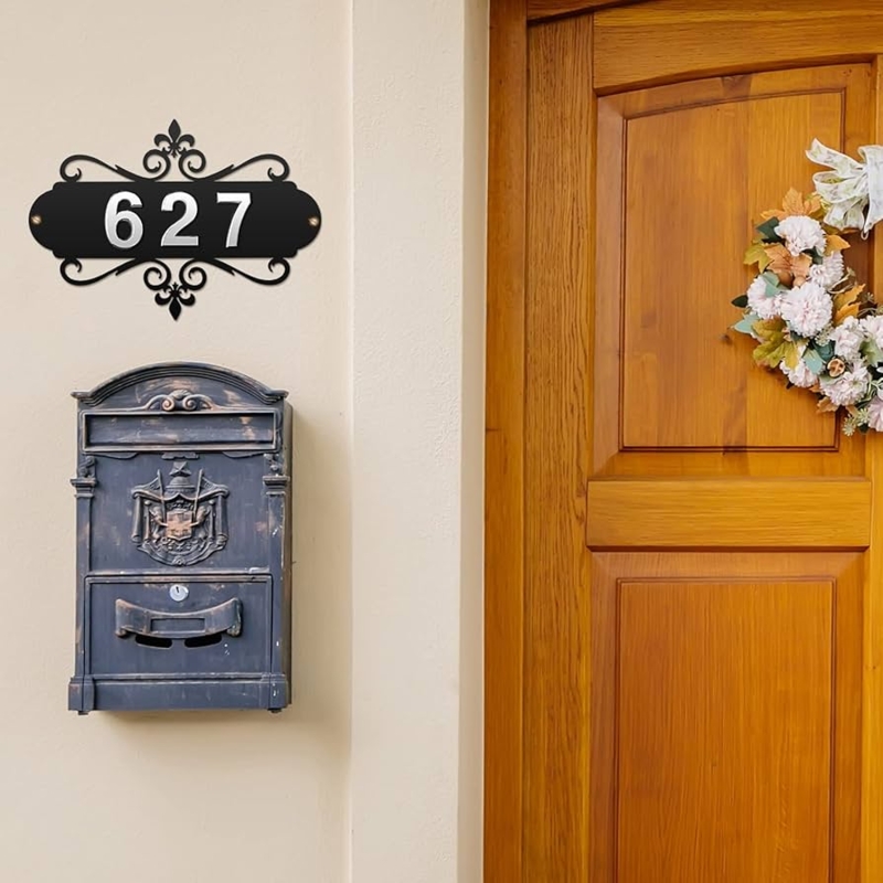 Vintage Scrollwork House Address Plaque with Fleur-de-lis Detail