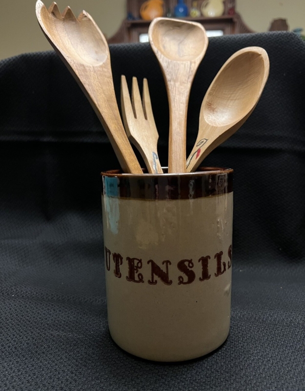 Vintage Stoneware Utensil Crock with Serif Label and Wood Tools