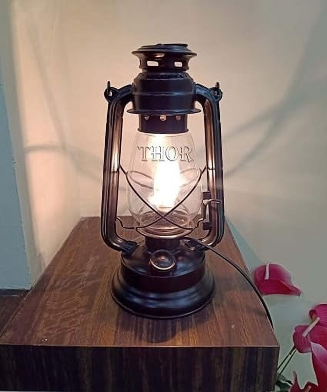 Vintage Style Electric Hurricane Lamp Matte Black Etched Glass