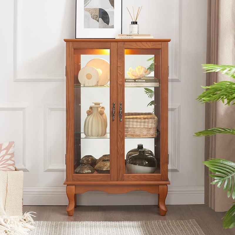 Vintage Style Glass Hutch with Oak Finish and Cabriole Legs