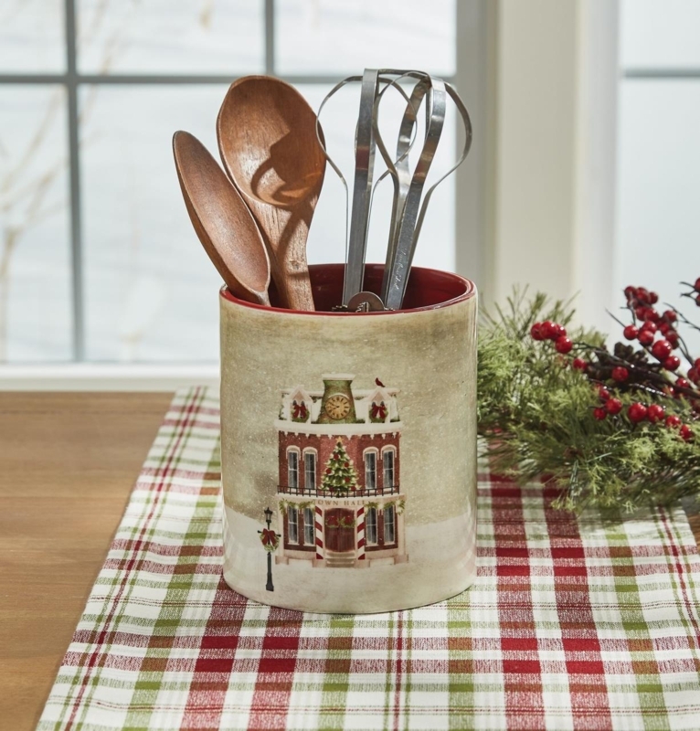 Vintage Town Hall Utensil Crock with Red Interior Glaze