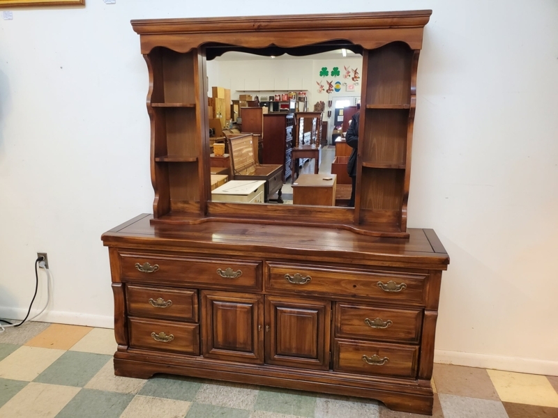 Vintage Triple Dresser with Hutch Mirror and Scalloped Details