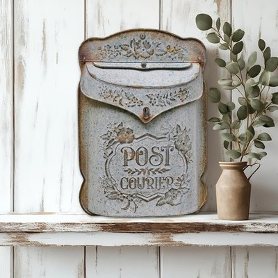 Vintage Wall Mailbox Weathered Grey Embossed Floral Detail Rustic