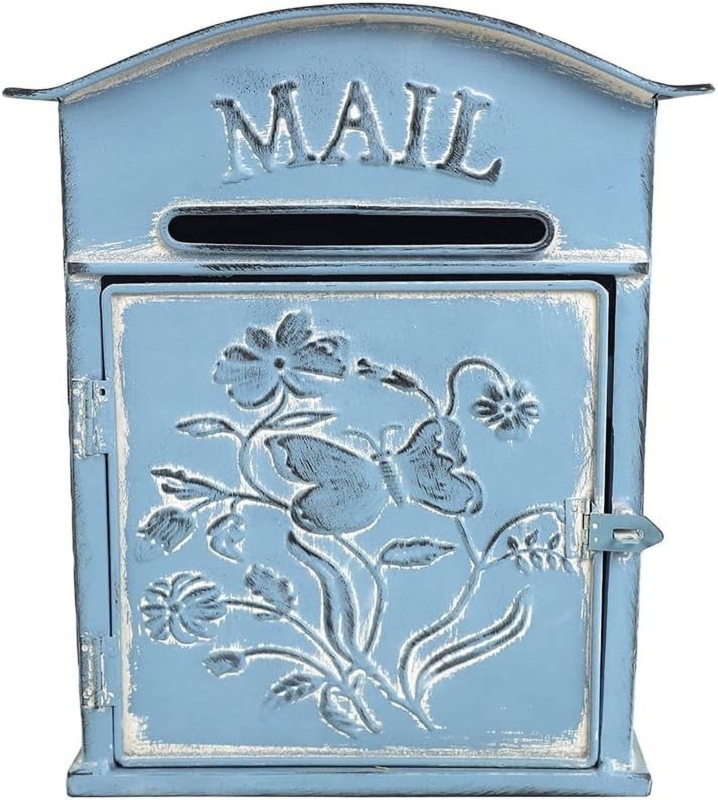 Vintage Wall Mount Mailbox Butterfly Motif Dusty Blue Distressed