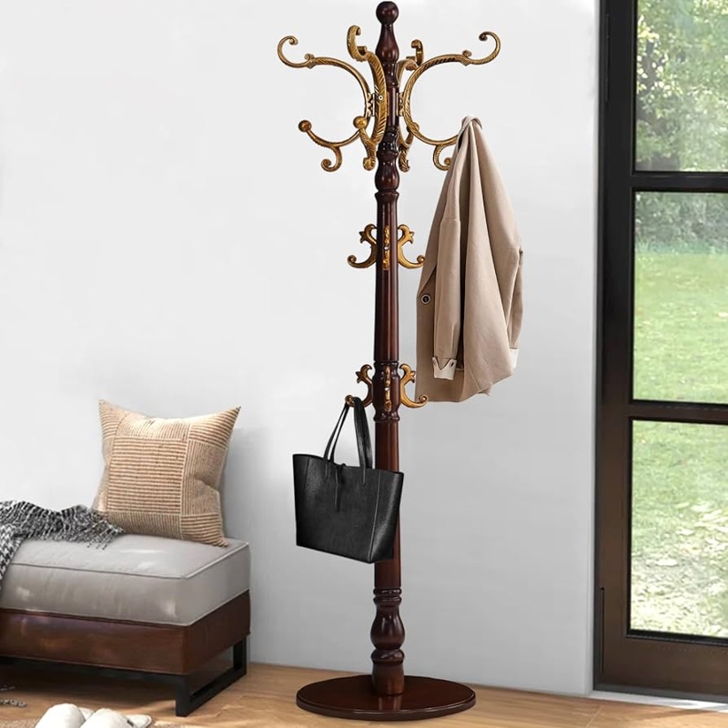 Vintage Wood Coat Tree: Scrolling Gold Hooks, Mahogany Toned, Traditional Style