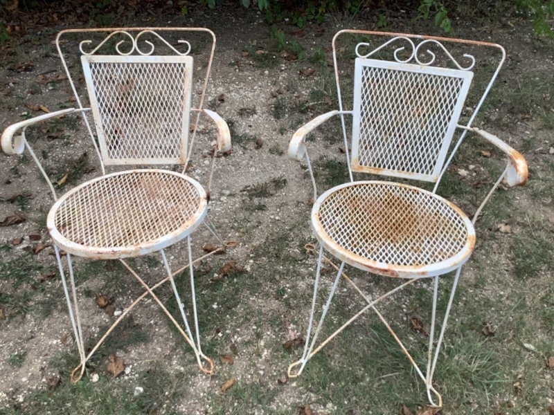 Vintage Wrought Iron Patio Armchairs with Chippy White Paint and Diamond Mesh