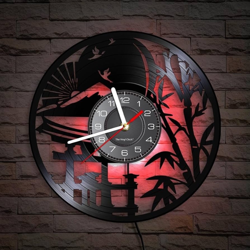 Vinyl Record Clock LED Backlight Laser Cut Japanese Motifs