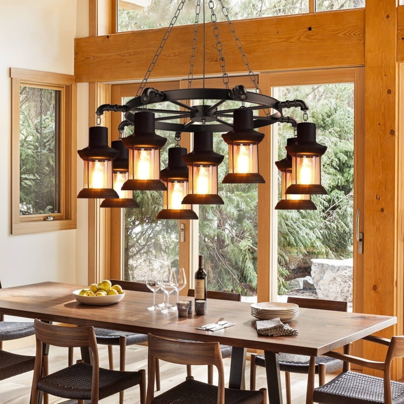 Wagon Wheel Chandelier 9 Light Lantern Shades Industrial Rustic