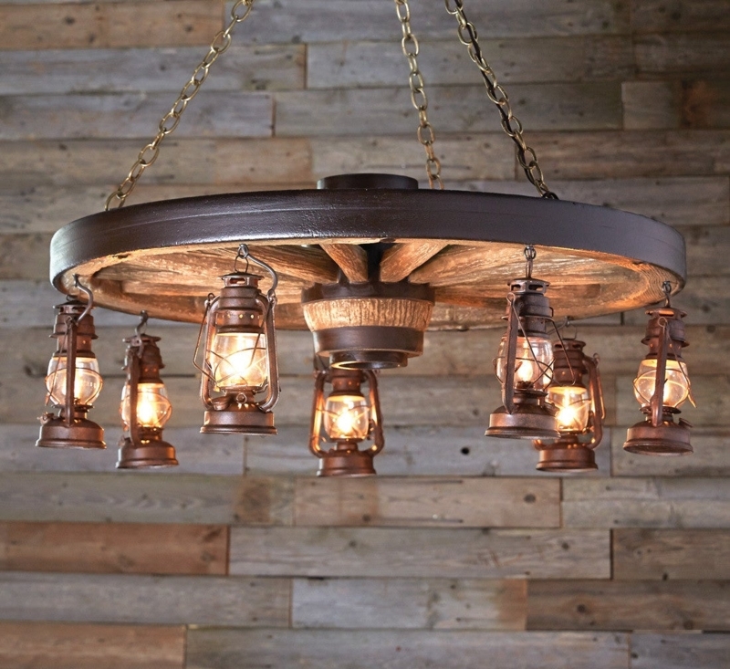Wagon Wheel Chandelier Antique Brass Hanging Lanterns Cabin Light