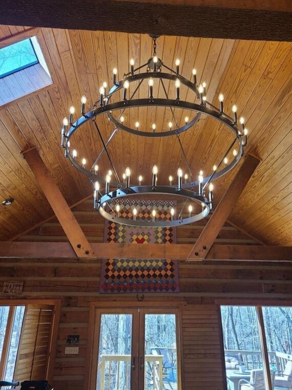 Wagon Wheel Chandelier Three Tier Rustic Lodge Ceiling Light