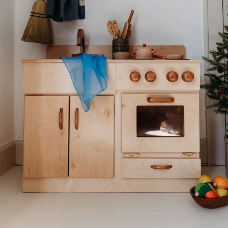 Waldorf Play Kitchen Natural Wood Curved Handles Minimalist Toy