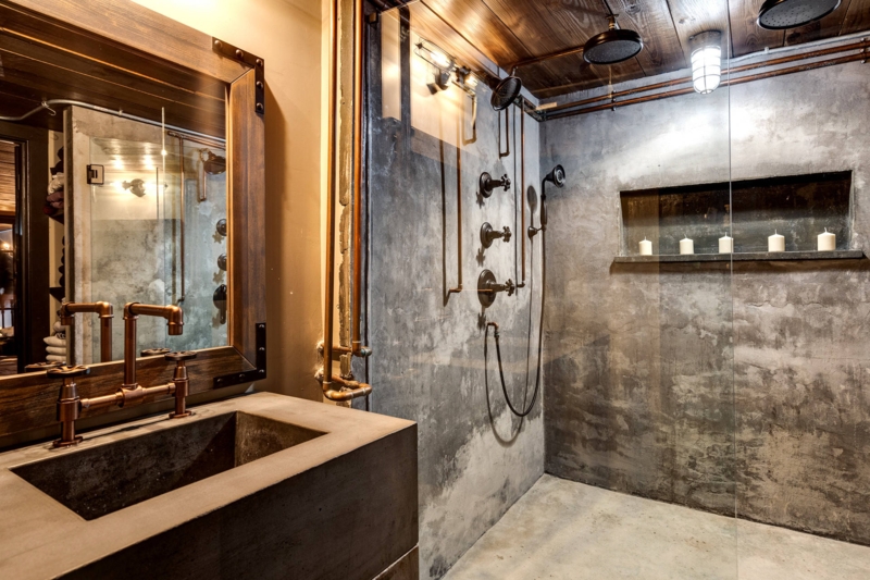 Walk In Shower: Exposed Copper Pipes against Textured Concrete Surfaces