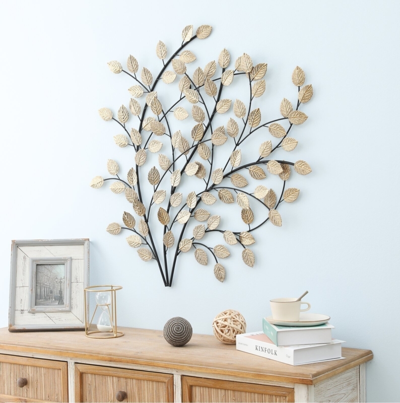 Wall Accent: Windblown Branch Sculpture, Textured Champagne Gold