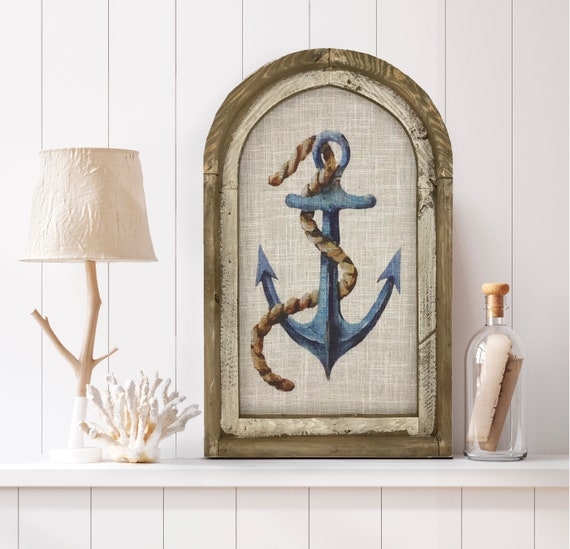 Wall Art Arched Frame Anchor Motif Burlap Texture Weathered Blue Rope