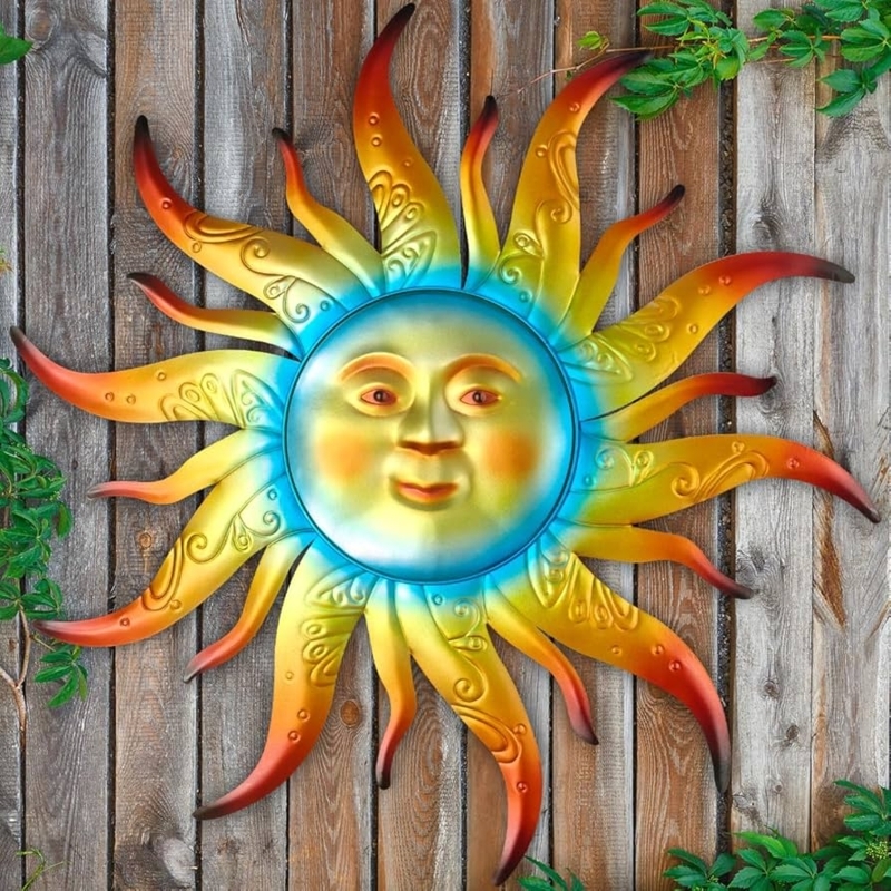 Wall Art Colorful Metal Sun Face Embossed Scrollwork Turquoise