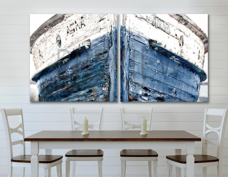 Wall Art Distressed Boat Imagery Split Panel Design Coastal Farmhouse