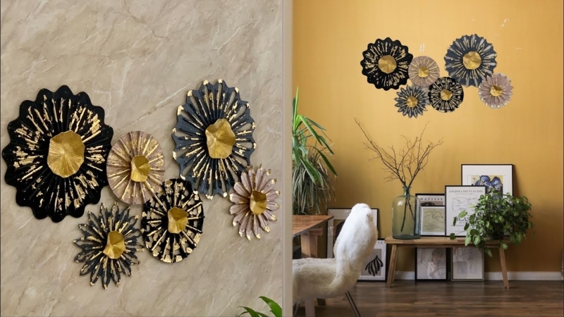 Wall Art Distressed Gold Pleated Metal Texture Sunburst Design Set