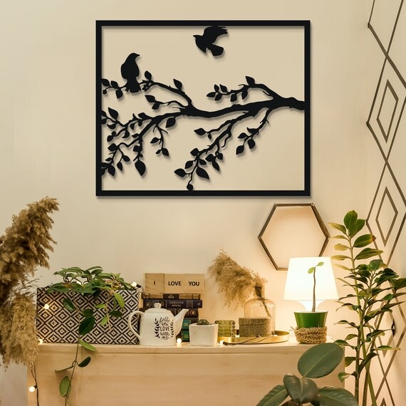 Wall Art: Framed Matte Black Metal Bird and Branch Silhouette