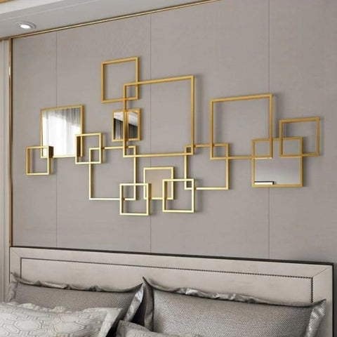 Wall Art Geometric Gold Interlocking Squares With Mirrored Inserts