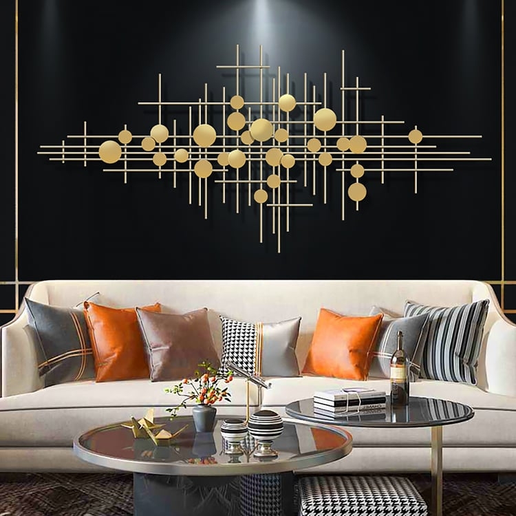Wall Art Geometric Metal Bar And Dot Design Oversized Horizontal Gold