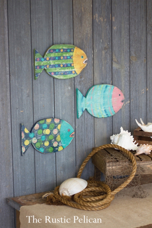 Wall Art Hand Painted Wooden Fish Set Whimsical Design Distressed Teal
