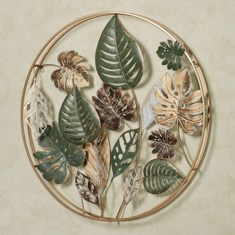 Wall Art: Handpainted Circular Frame with Sage Green Tropical Leaves