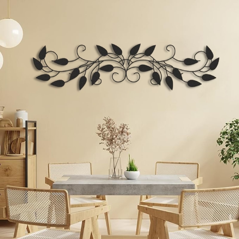 Wall Art: Horizontal Matte Black Metal Vine with Symmetrical Layout