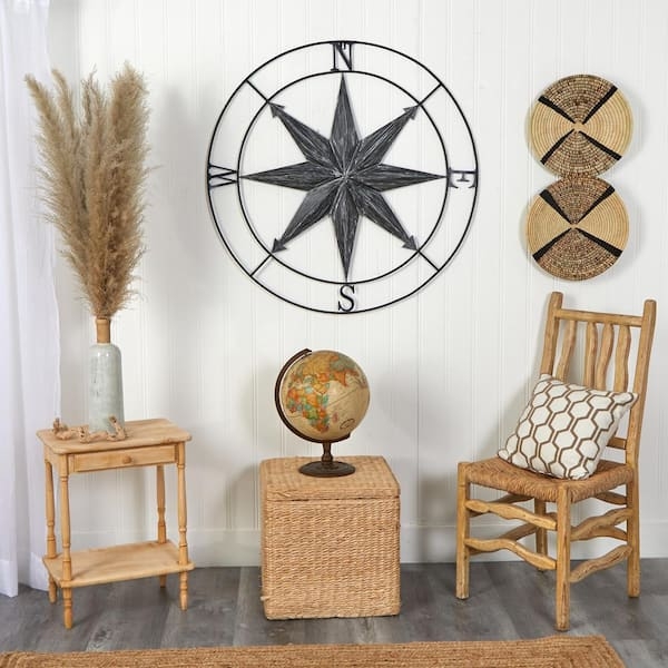 Wall Art Large Diameter Washed Black Metal Compass Cardinal Directions