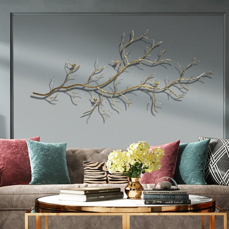 Wall Art: Large Gold Branch Sculpture with Metallic Bird Embellishments
