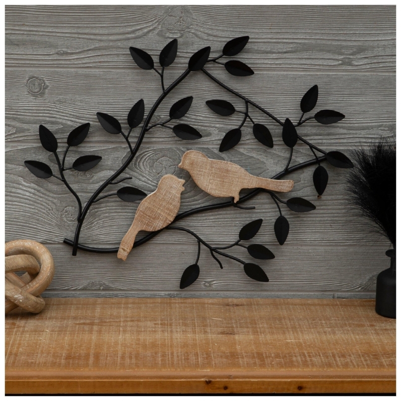Wall Art: Matte Black Metal Branches with Wood Grain Birds