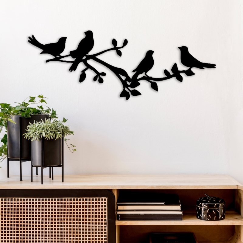 Wall Art: Minimalist Matte Black Metal Birds on Branch Silhouette