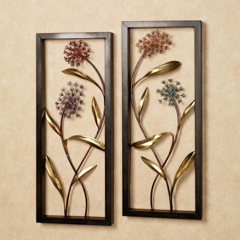Wall Art Panel Set Dimensional Wirework Flowers Antiqued Gold Leaves