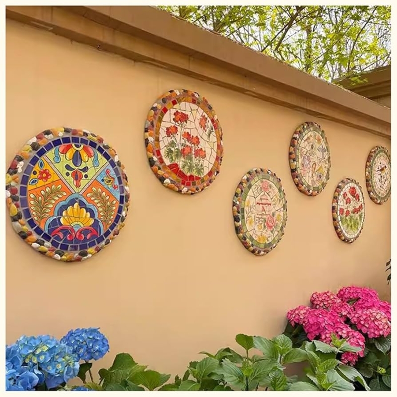 Wall Art Plaque Ceramic Mosaic Inlay Vibrant Floral Pebble Border