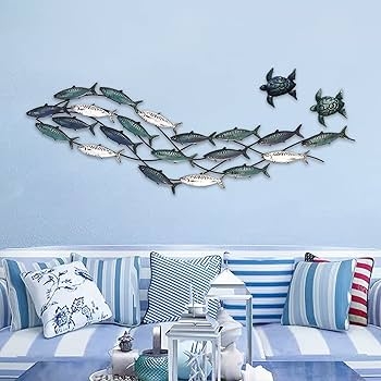 Wall Art Sculpture Metal Sea Turtles Interconnected Wave Design Navy Teal