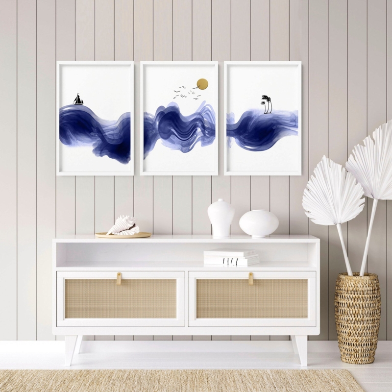 Wall Art Set Abstract Blue Ink Wash Minimalist Nautical Graphics Navy