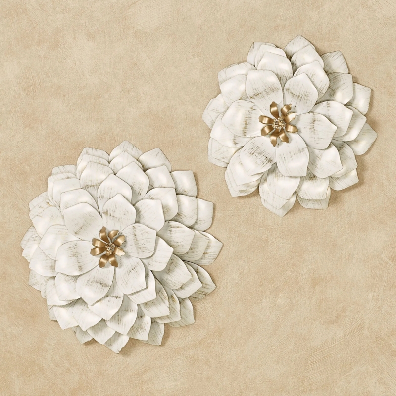 Wall Art Set Distressed Ivory Petals Gold Center 3D